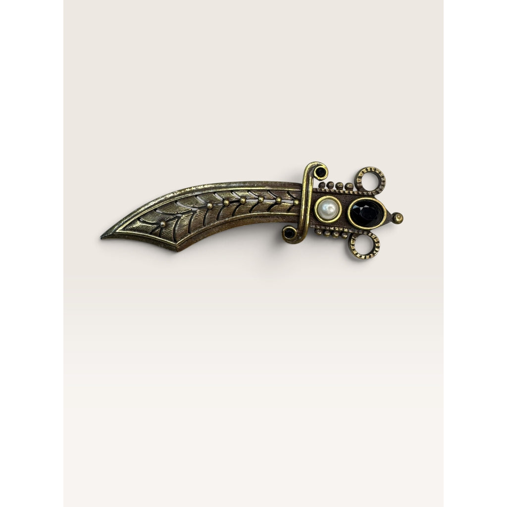 1960s Brass Scimitar Sword Dagger Faux Pearl Glass Brooch Pin 4.02"