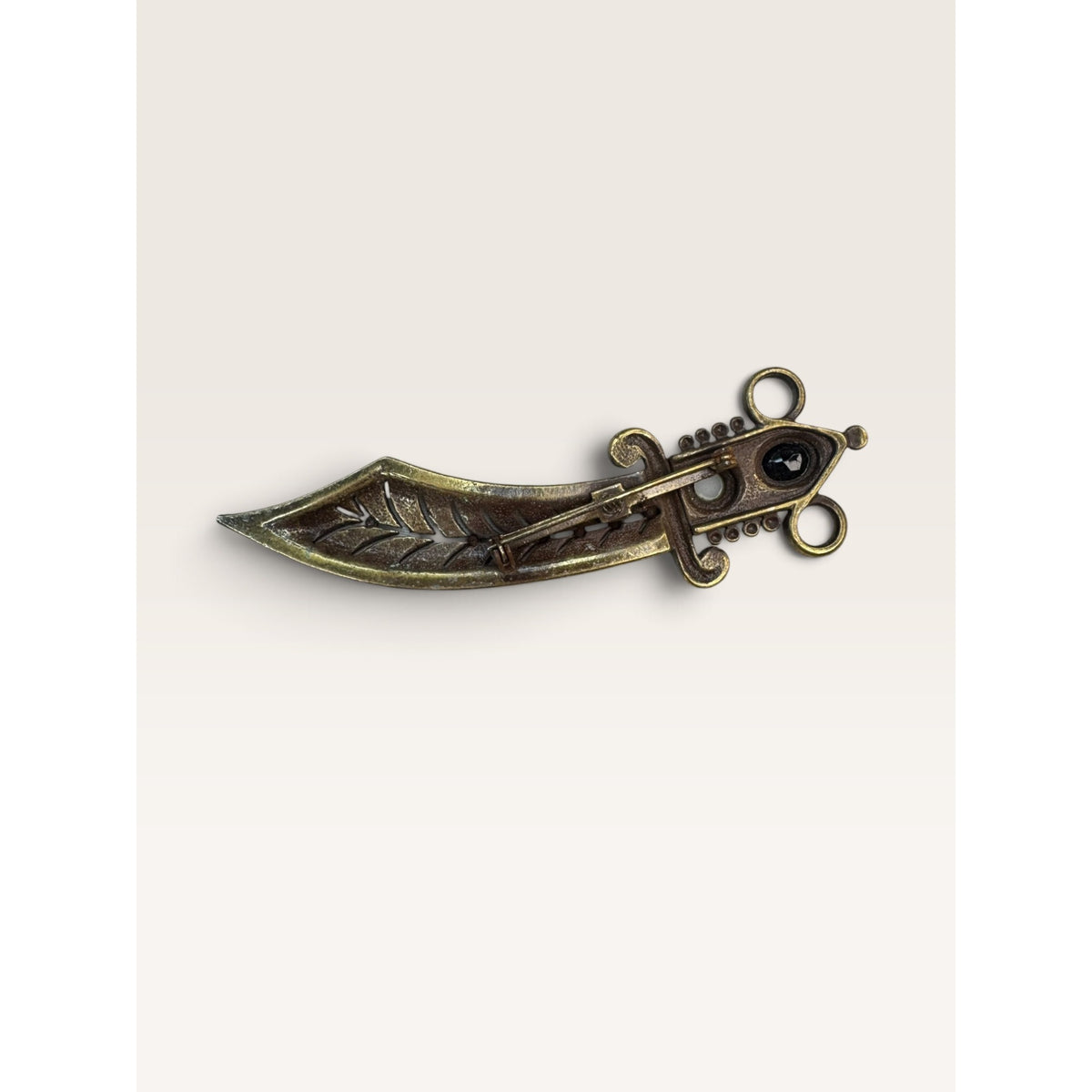 1960s Brass Scimitar Sword Dagger Faux Pearl Glass Brooch Pin 4.02"