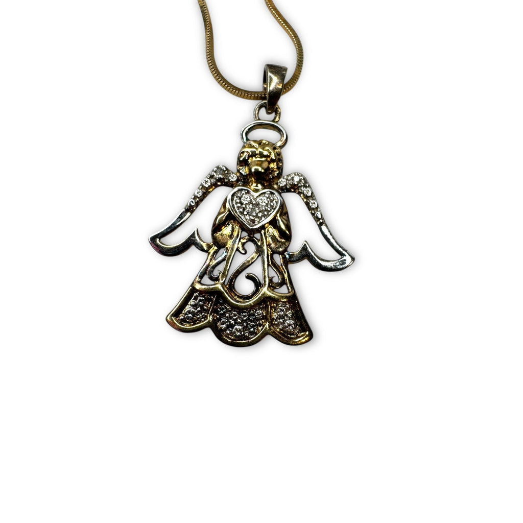 JCM Angel Pendant Necklace Sterling Silver Gold Vermeil Diamond 20"