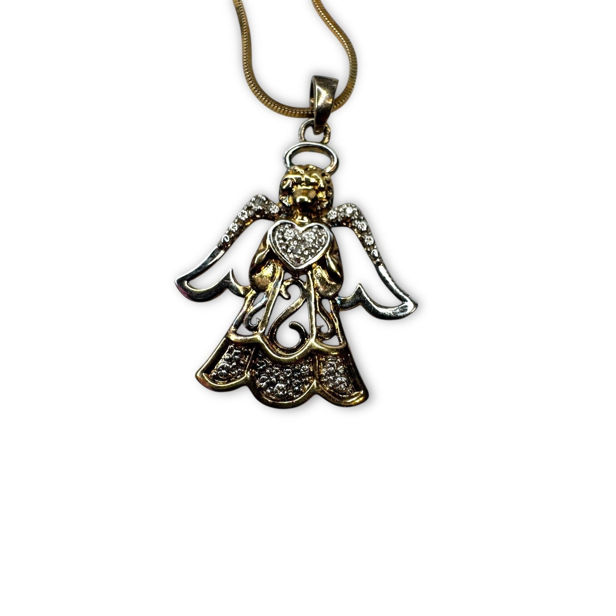 JCM Angel Pendant Necklace Sterling Silver Gold Vermeil Diamond 20"