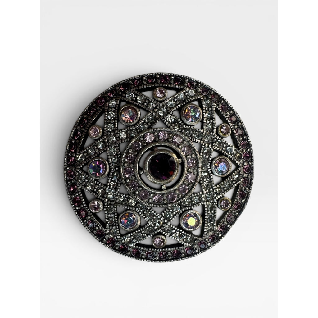 Purple Pink Crystal Filigree Medallion Brooch Silver Tone Round Pin