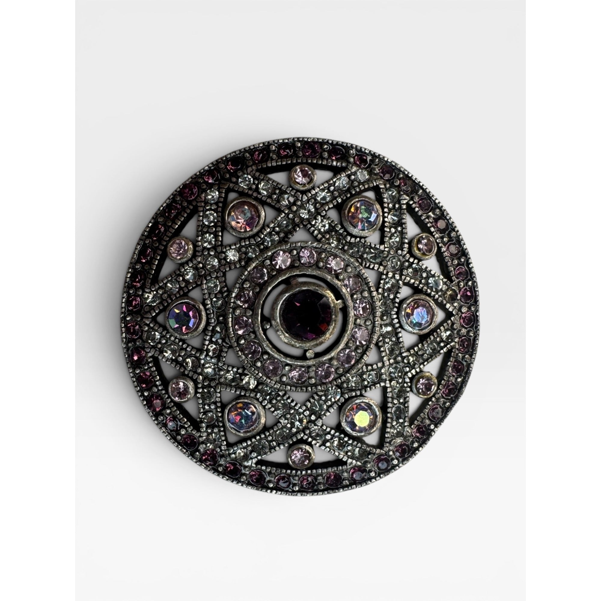 Purple Pink Crystal Filigree Medallion Brooch Silver Tone Round Pin