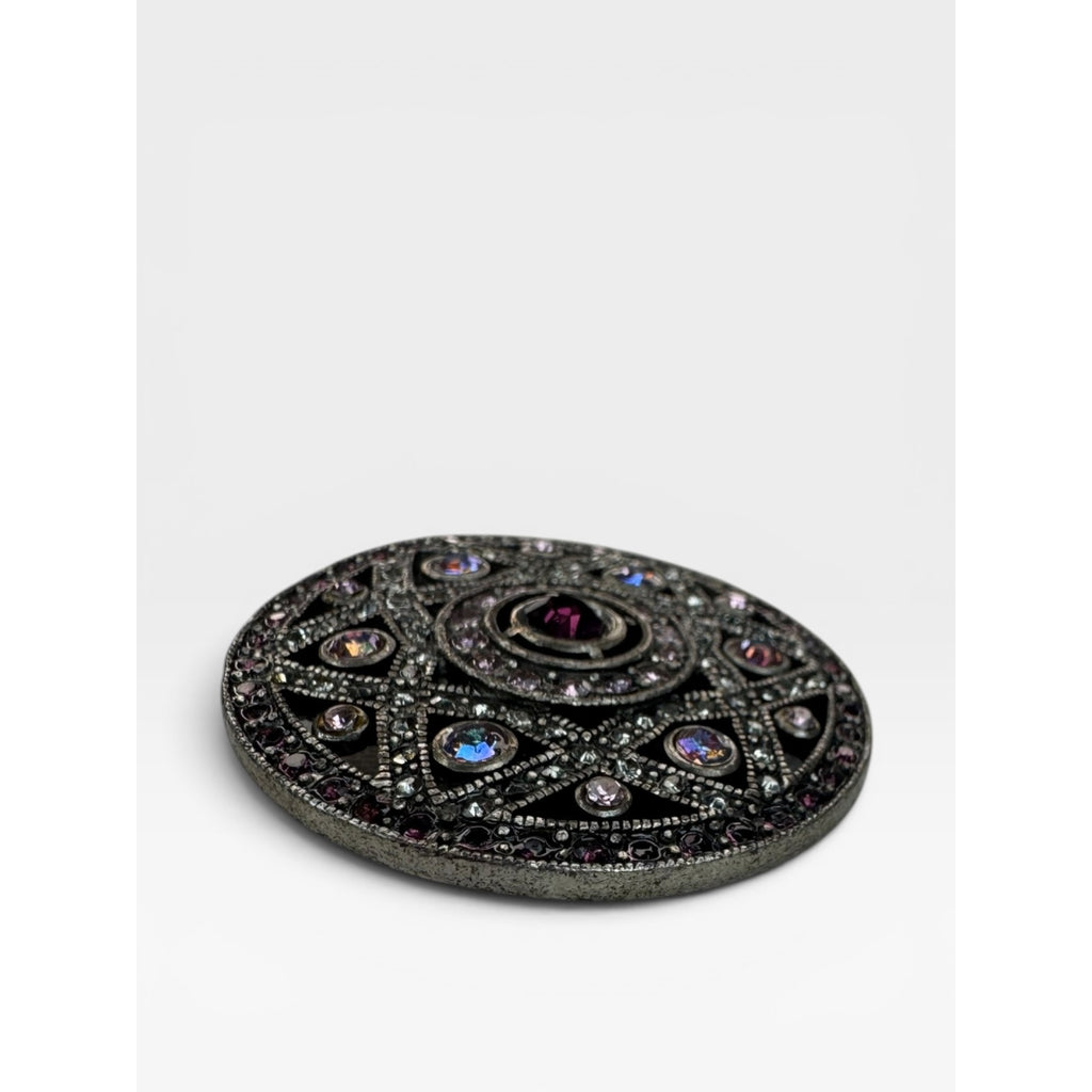 Purple Pink Crystal Filigree Medallion Brooch Silver Tone Round Pin