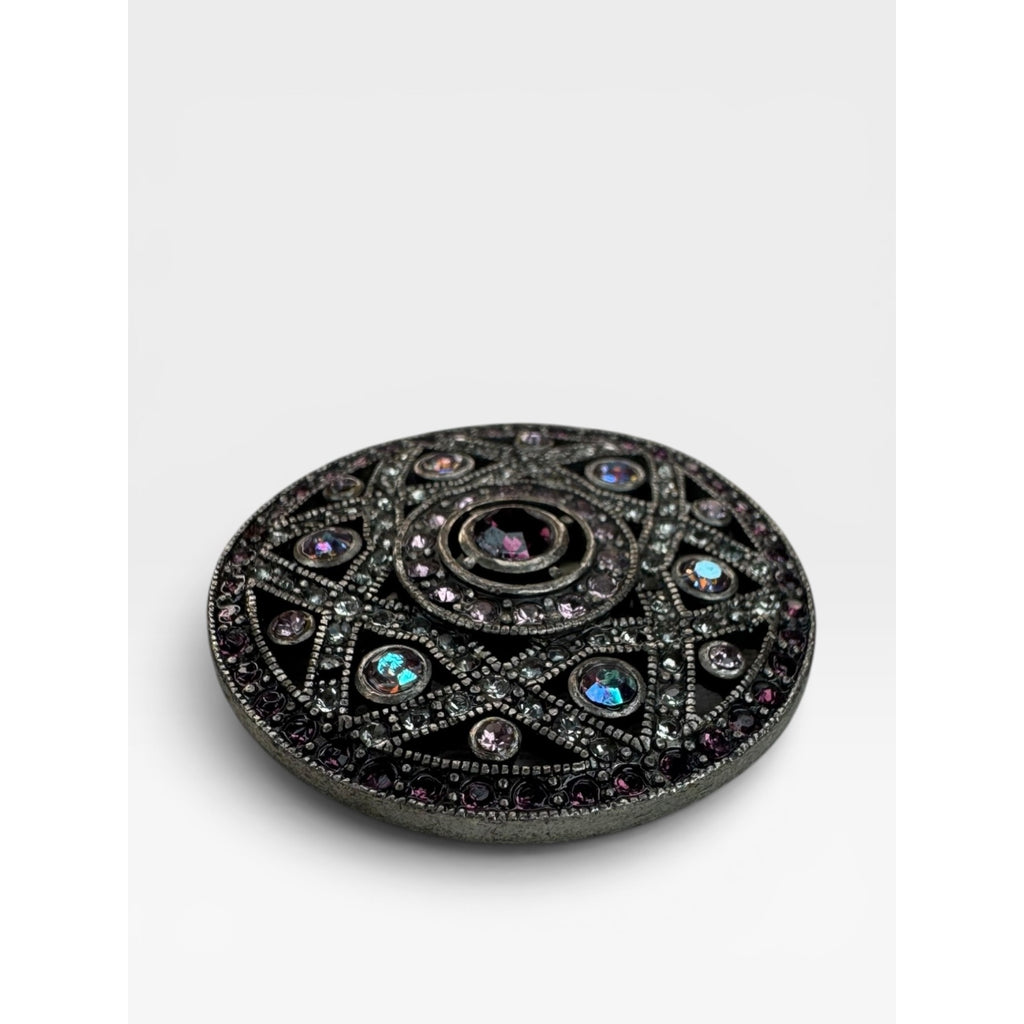 Purple Pink Crystal Filigree Medallion Brooch Silver Tone Round Pin