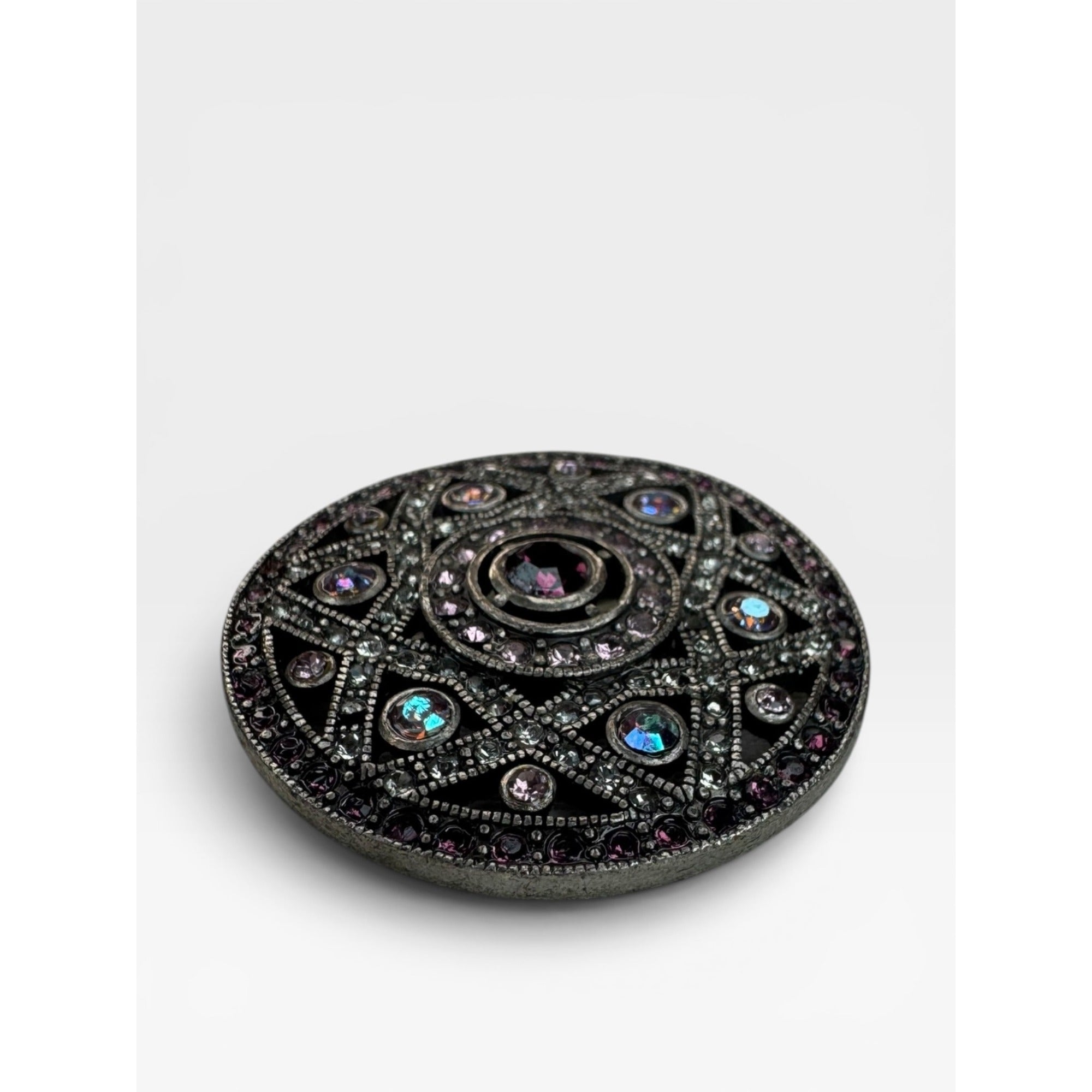 Purple Pink Crystal Filigree Medallion Brooch Silver Tone Round Pin