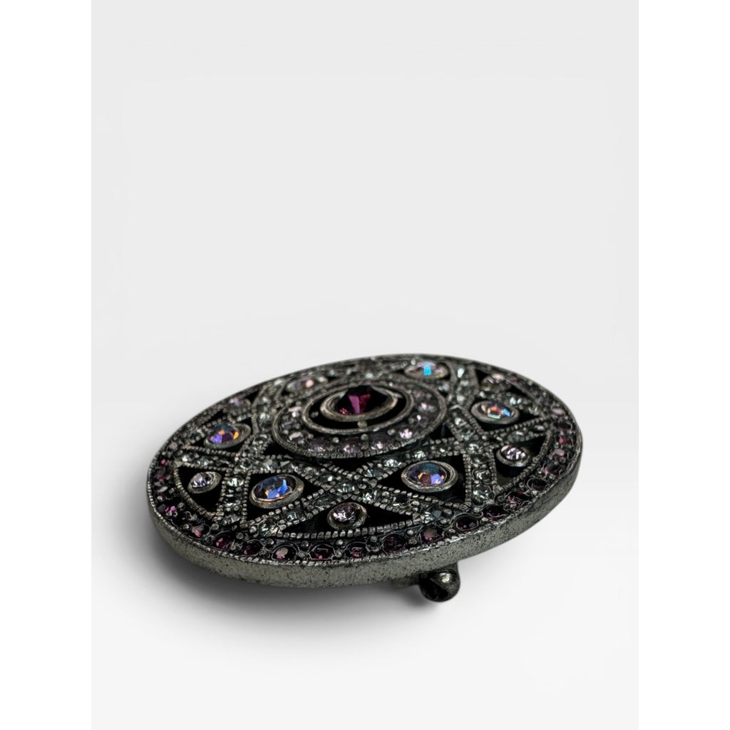 Purple Pink Crystal Filigree Medallion Brooch Silver Tone Round Pin