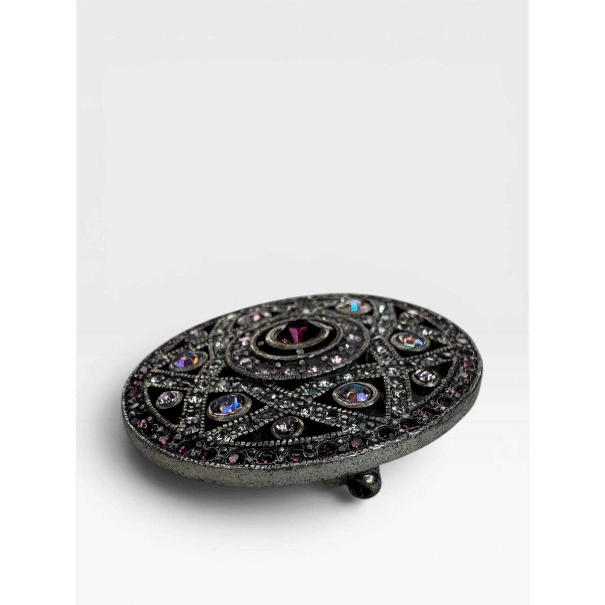 Purple Pink Crystal Filigree Medallion Brooch Silver Tone Round Pin