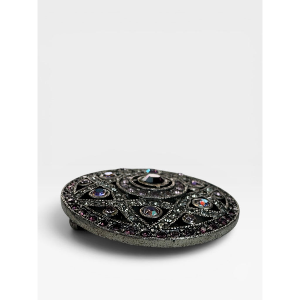Purple Pink Crystal Filigree Medallion Brooch Silver Tone Round Pin