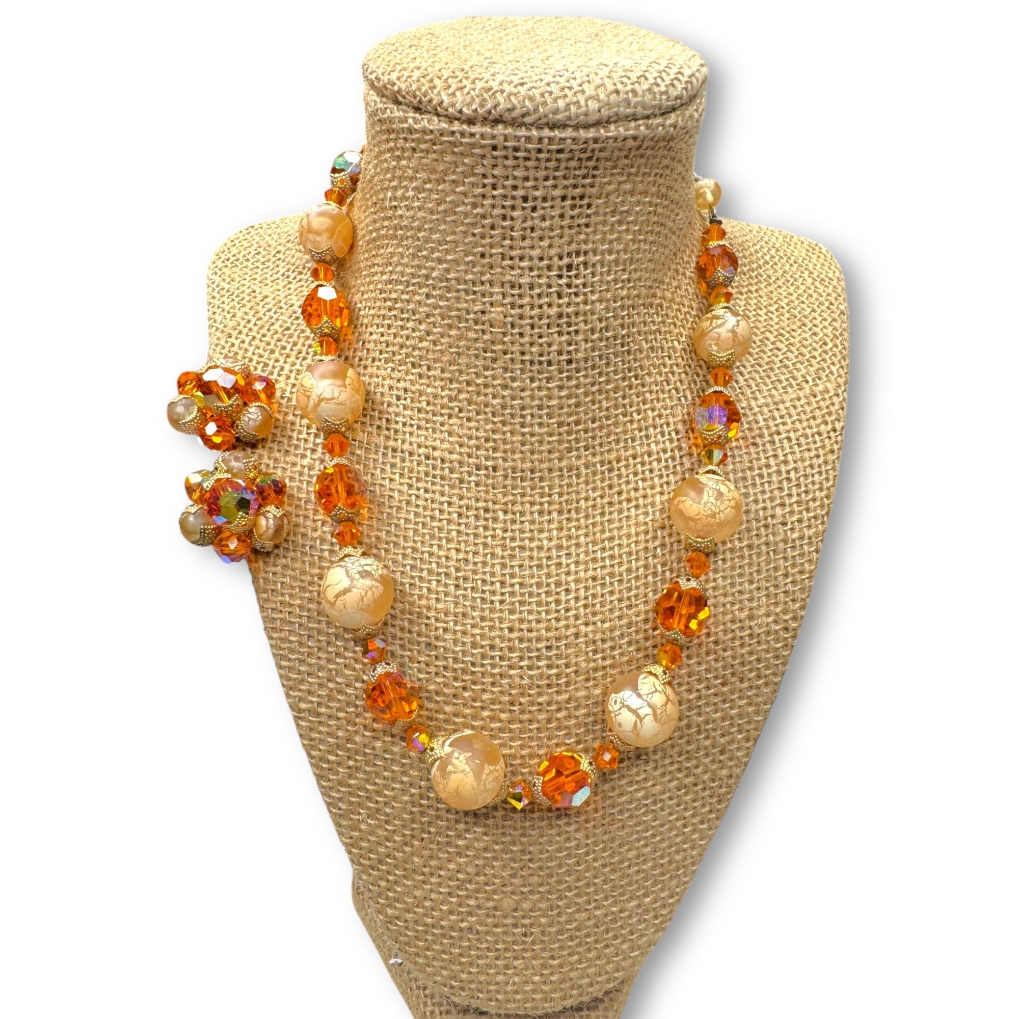 Mid Century Orange AB Crystal Necklace Earrings Set UV Glow