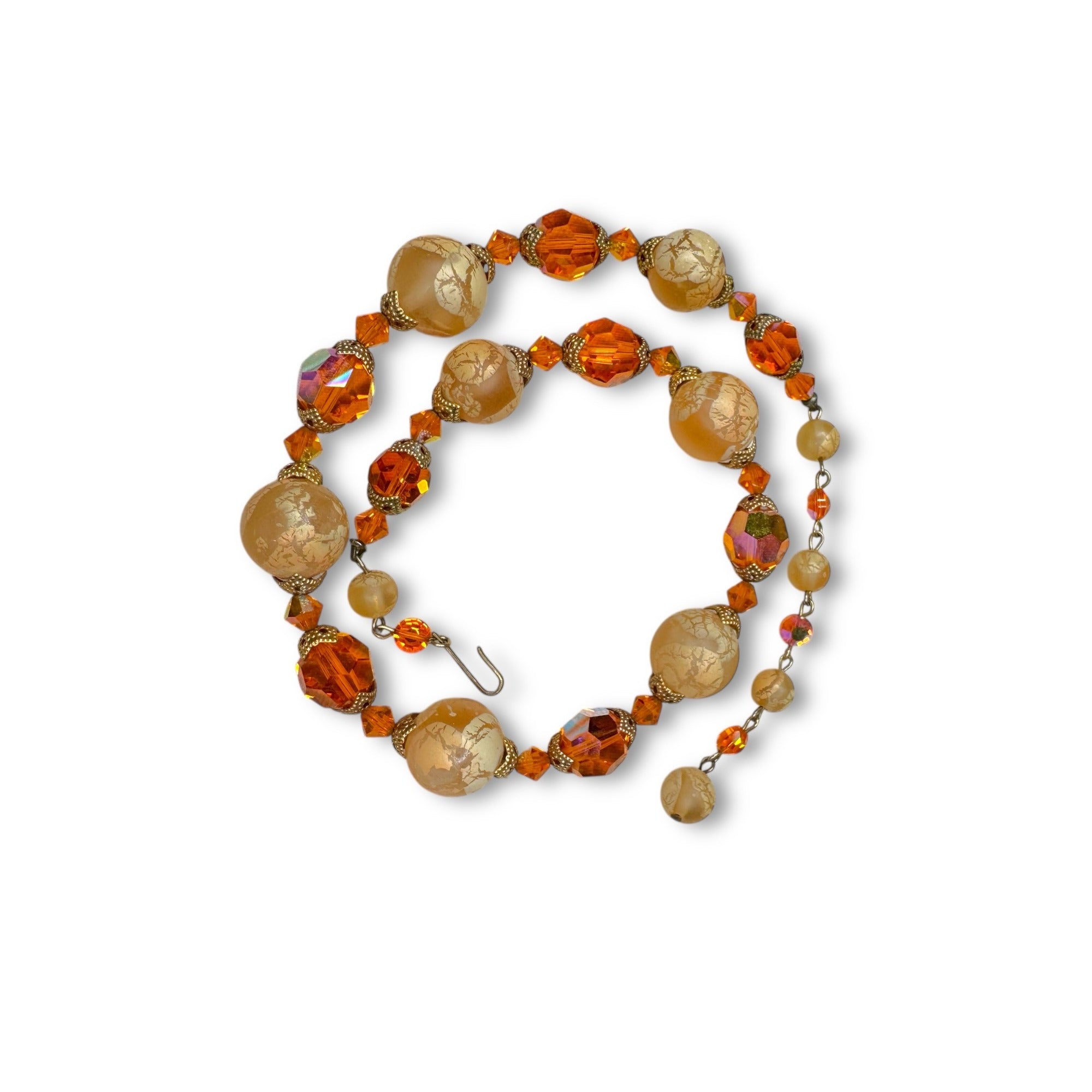 Mid Century Orange AB Crystal Necklace Earrings Set UV Glow