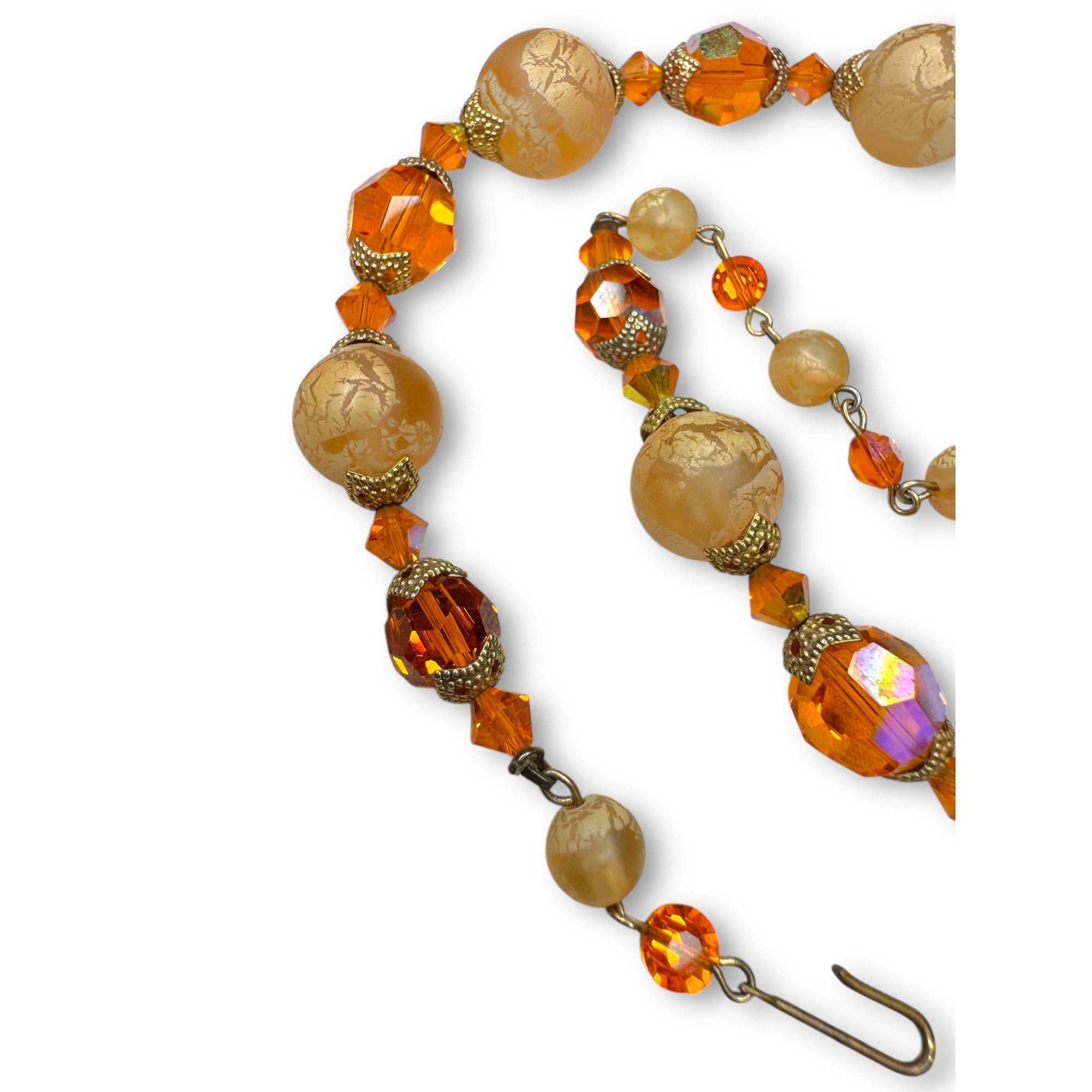 Mid Century Orange AB Crystal Necklace Earrings Set UV Glow