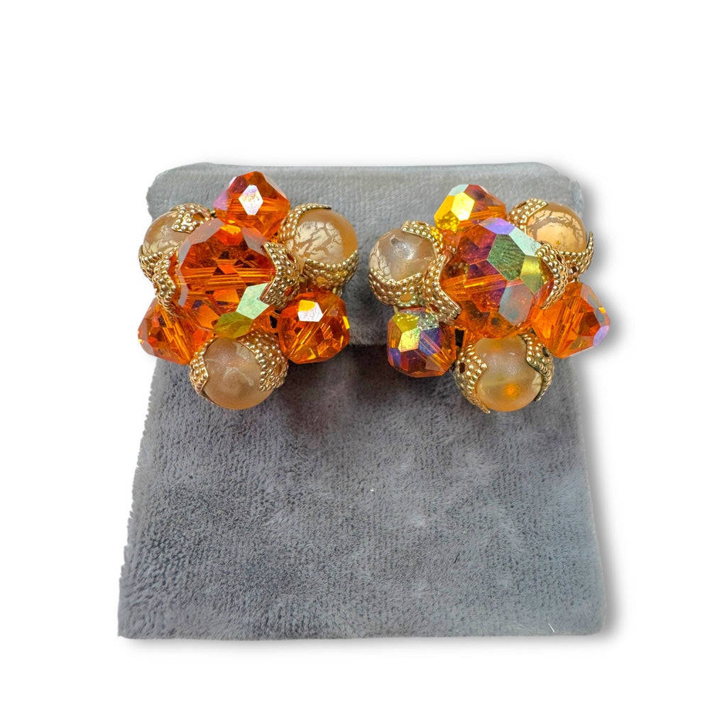 Mid Century Orange AB Crystal Necklace Earrings Set UV Glow