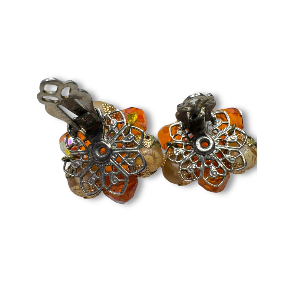 Mid Century Orange AB Crystal Necklace Earrings Set UV Glow