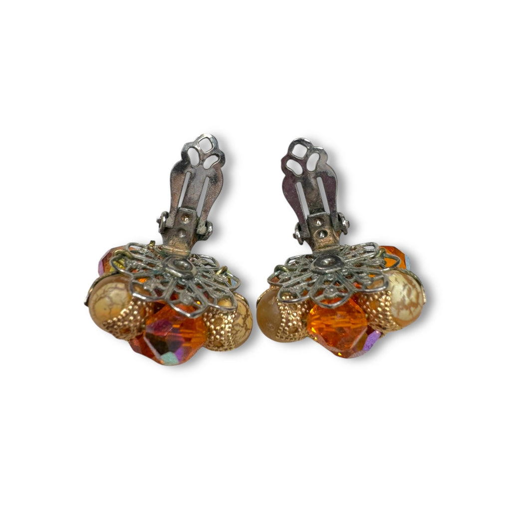 Mid Century Orange AB Crystal Necklace Earrings Set UV Glow