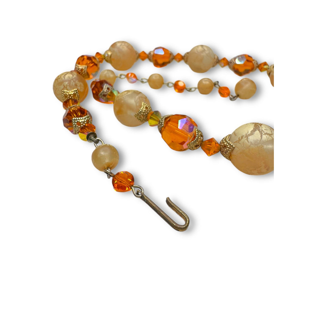 Mid Century Orange AB Crystal Necklace Earrings Set UV Glow