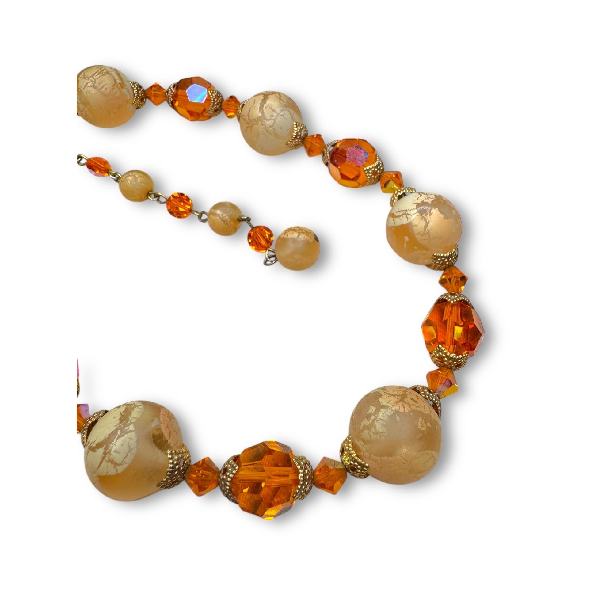 Mid Century Orange AB Crystal Necklace Earrings Set UV Glow