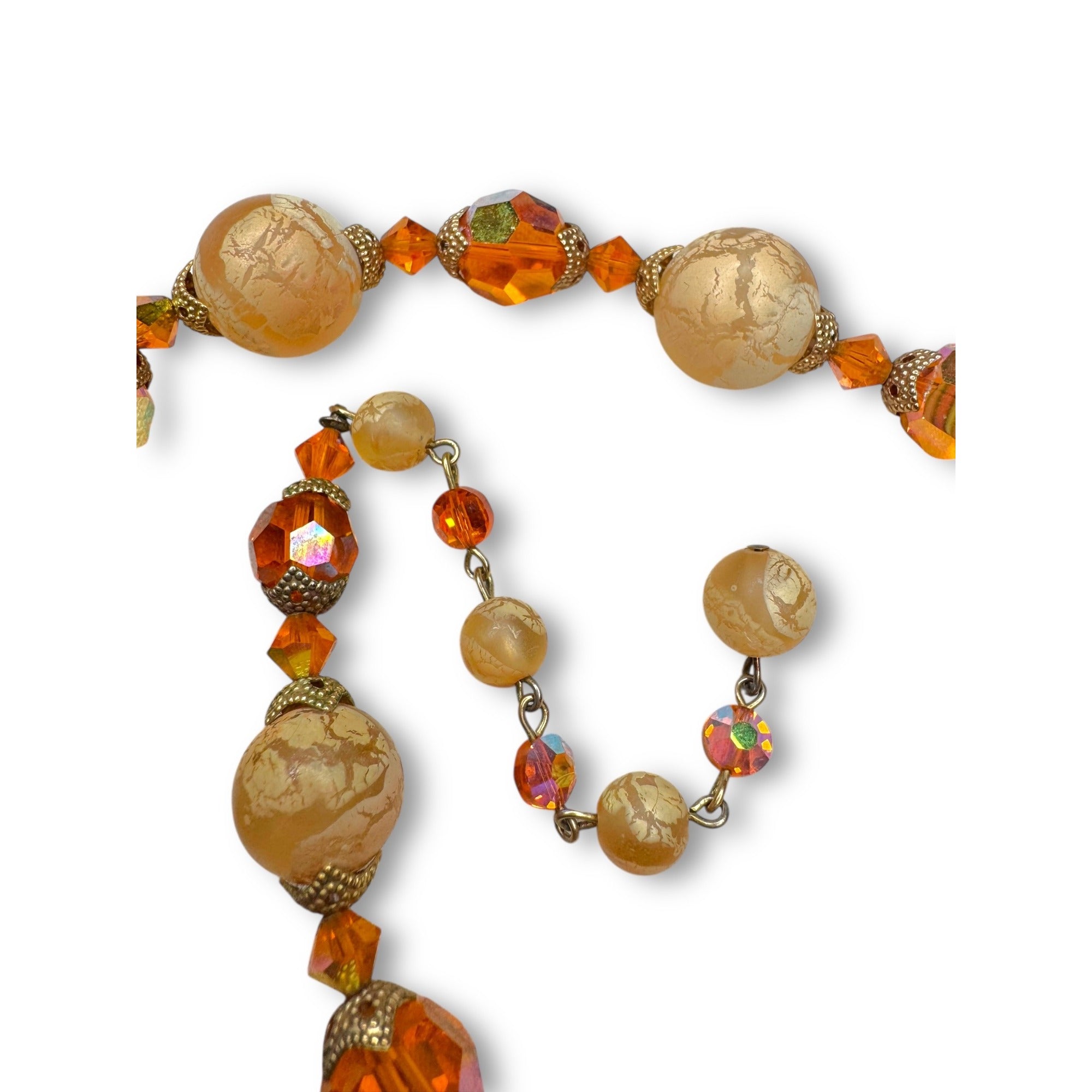 Mid Century Orange AB Crystal Necklace Earrings Set UV Glow