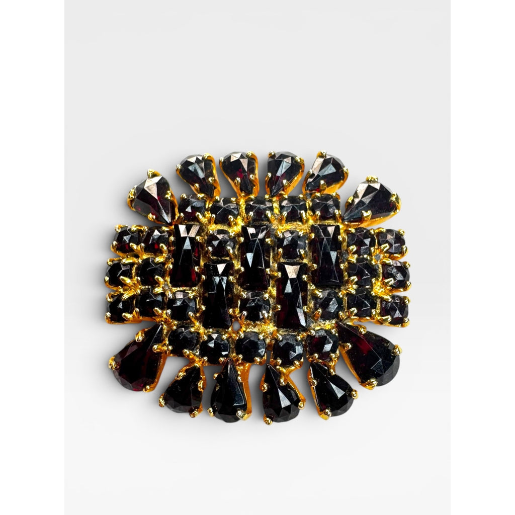 Austrian Red Glass Rhinestone Brooch Gold Tone Geometric Cluster Pin Brooch