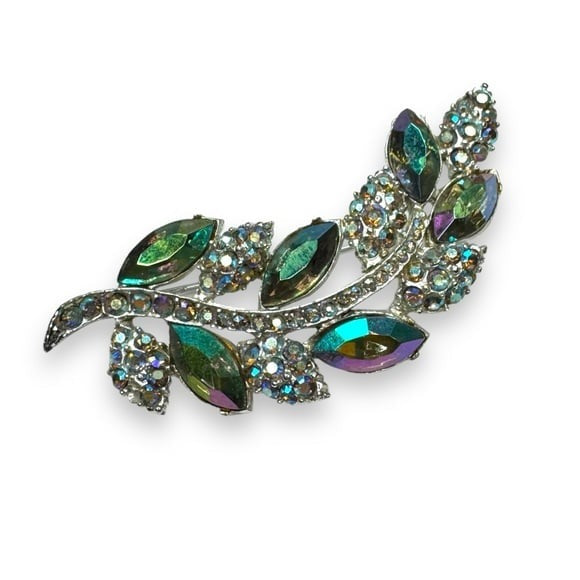 Vintage Aurora Borealis Rhinestone Leaf Brooch Earrings Set Silver Tone 1950s