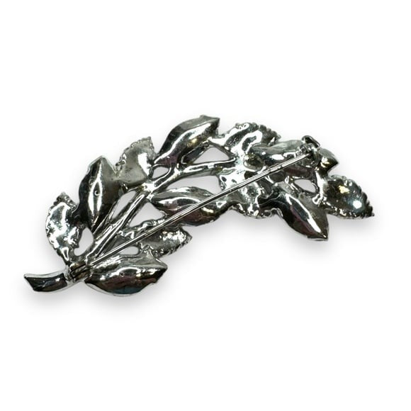 Vintage Aurora Borealis Rhinestone Leaf Brooch Earrings Set Silver Tone 1950s