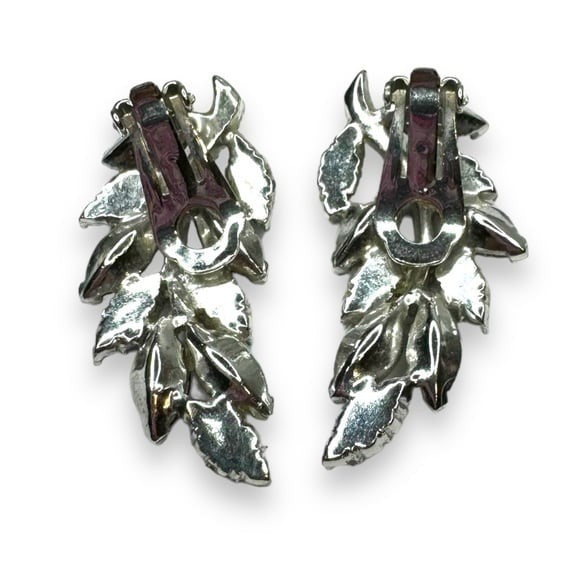 Vintage Aurora Borealis Rhinestone Leaf Brooch Earrings Set Silver Tone 1950s