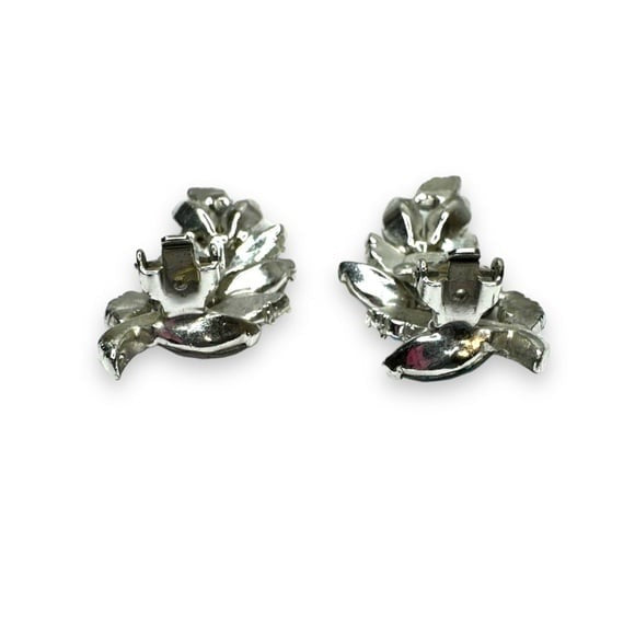 Vintage Aurora Borealis Rhinestone Leaf Brooch Earrings Set Silver Tone 1950s
