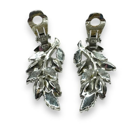 Vintage Aurora Borealis Rhinestone Leaf Brooch Earrings Set Silver Tone 1950s