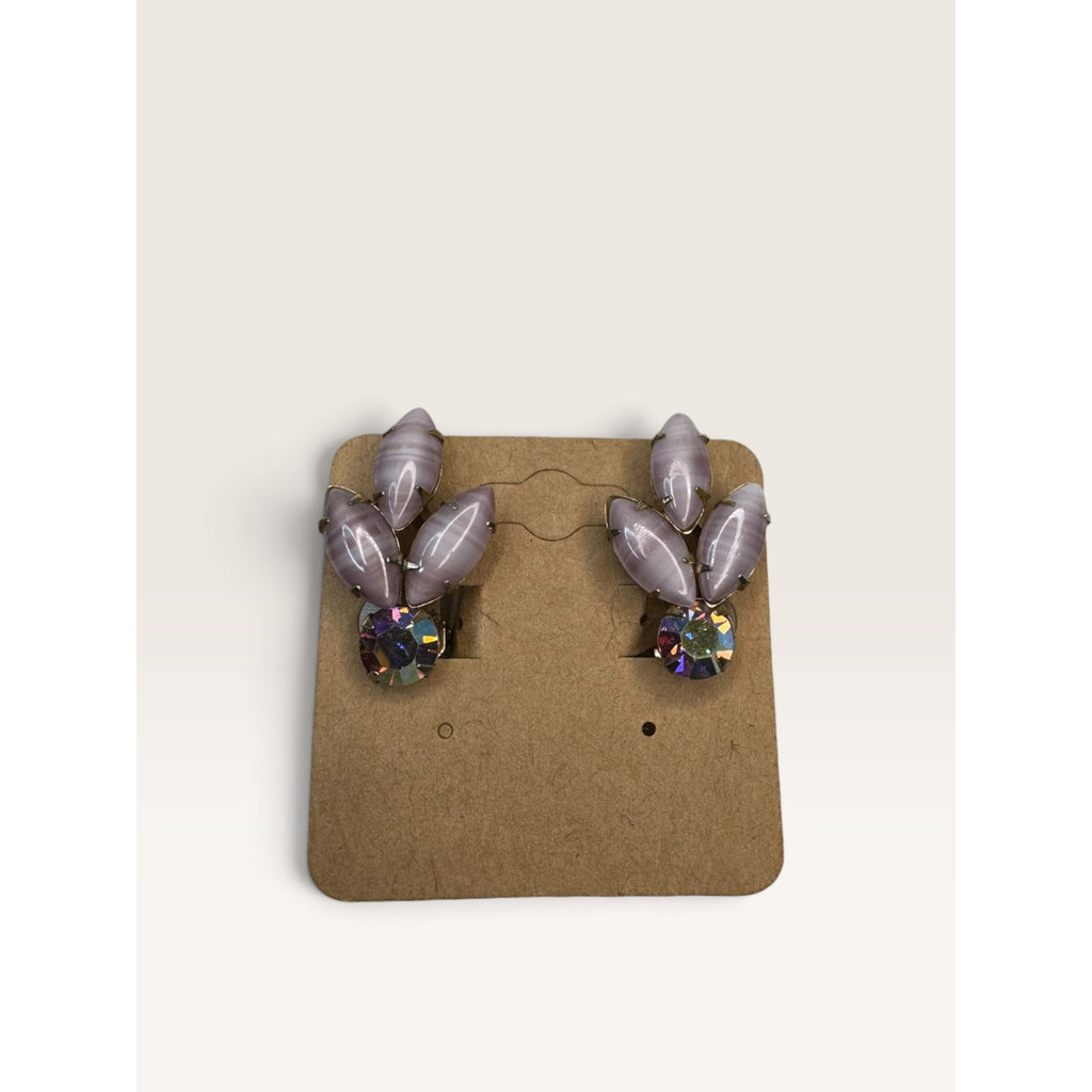 1950s Weiss Purple Porphyry Glass Navette AB Crystal Clip Earrings 1.17" Vintage