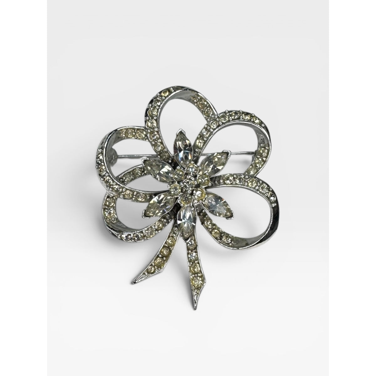 Pell Crystal Bow Brooch Silver Tone Pave Ribbon Pin Signed Vintage