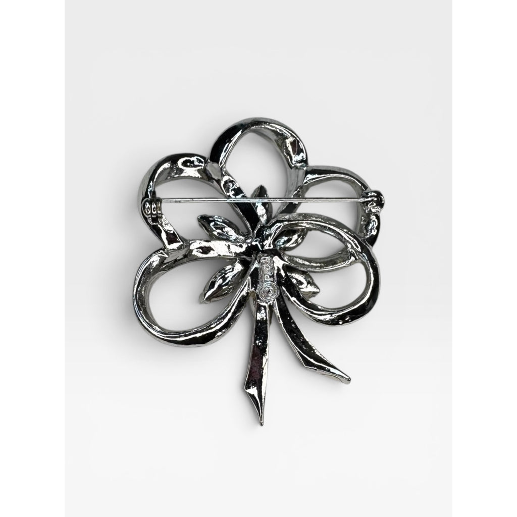 Pell Crystal Bow Brooch Silver Tone Pave Ribbon Pin Signed Vintage