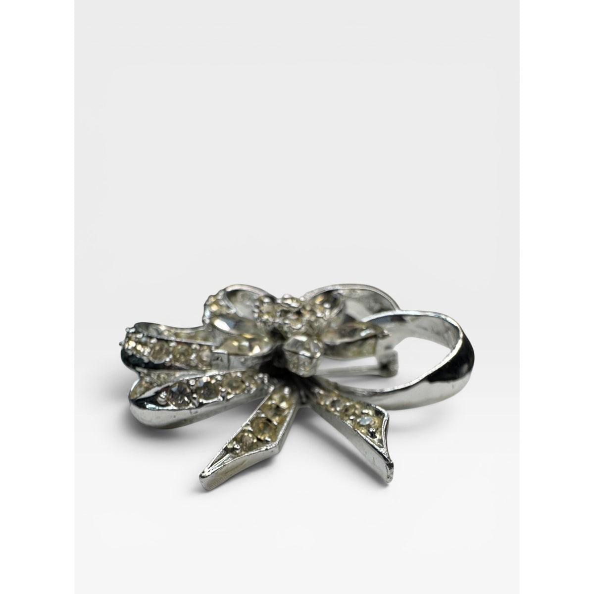 Pell Crystal Bow Brooch Silver Tone Pave Ribbon Pin Signed Vintage