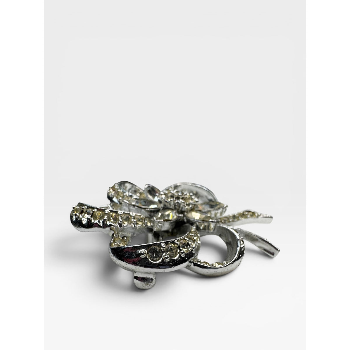 Pell Crystal Bow Brooch Silver Tone Pave Ribbon Pin Signed Vintage