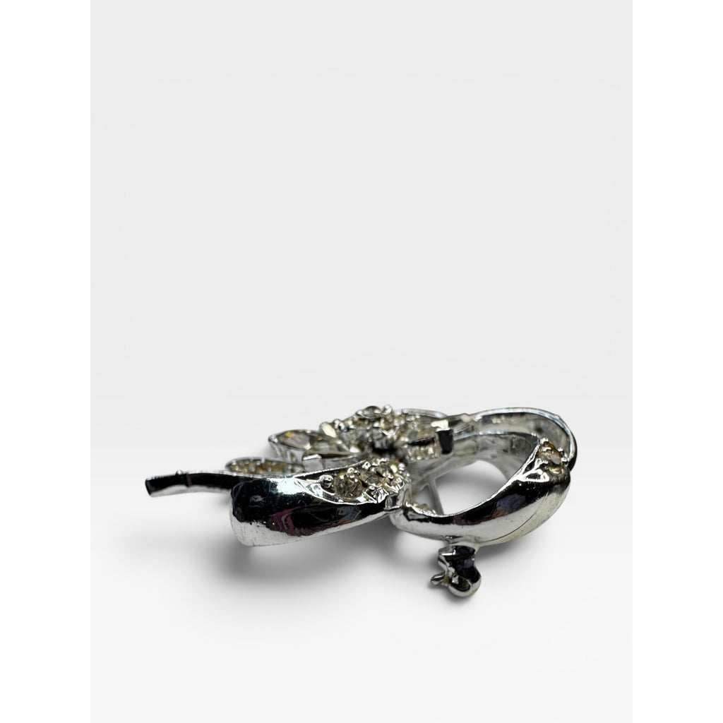 Pell Crystal Bow Brooch Silver Tone Pave Ribbon Pin Signed Vintage