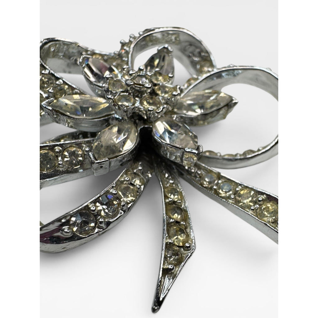 Pell Crystal Bow Brooch Silver Tone Pave Ribbon Pin Signed Vintage