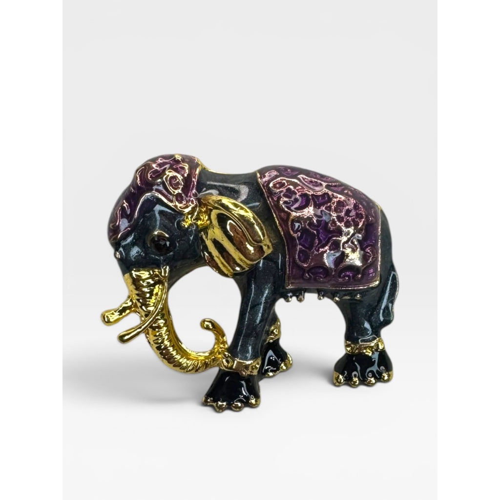Purple Black Enamel Elephant Brooch Gold Tone Lucky Animal Pin