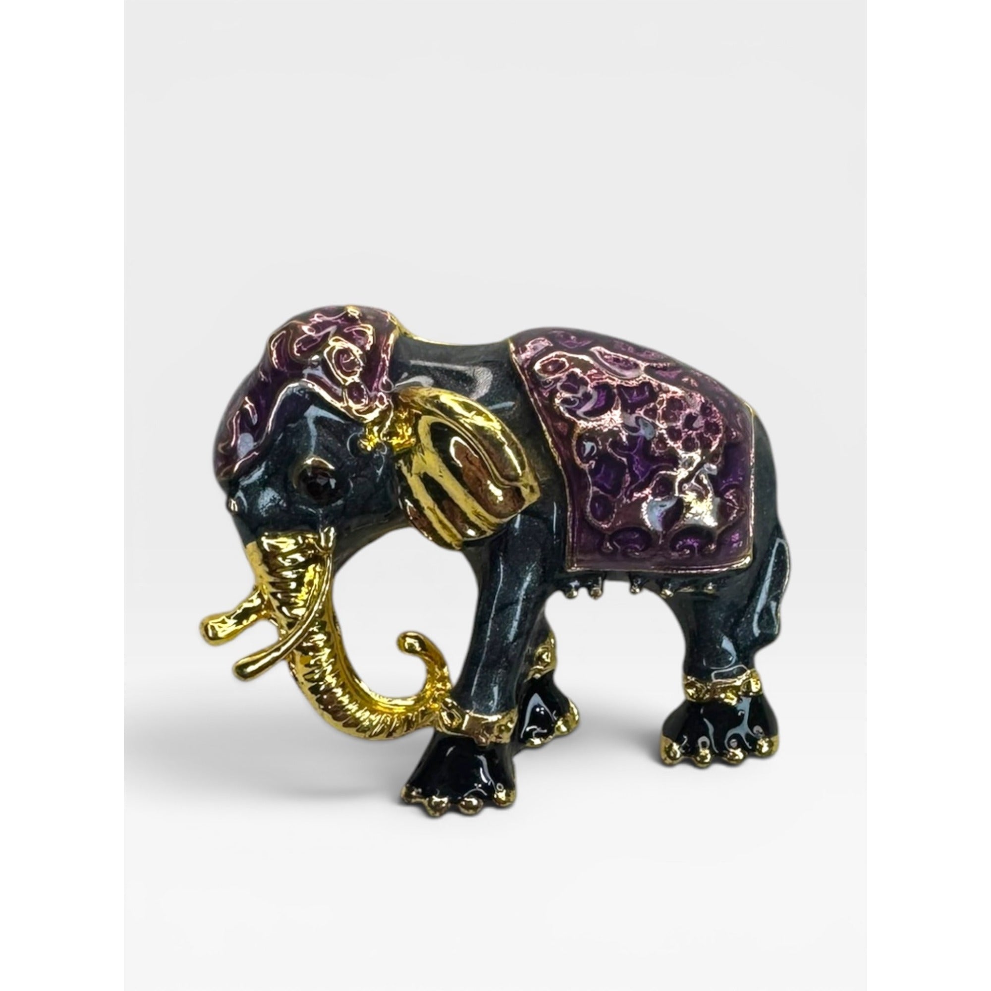 Purple Black Enamel Elephant Brooch Gold Tone Lucky Animal Pin