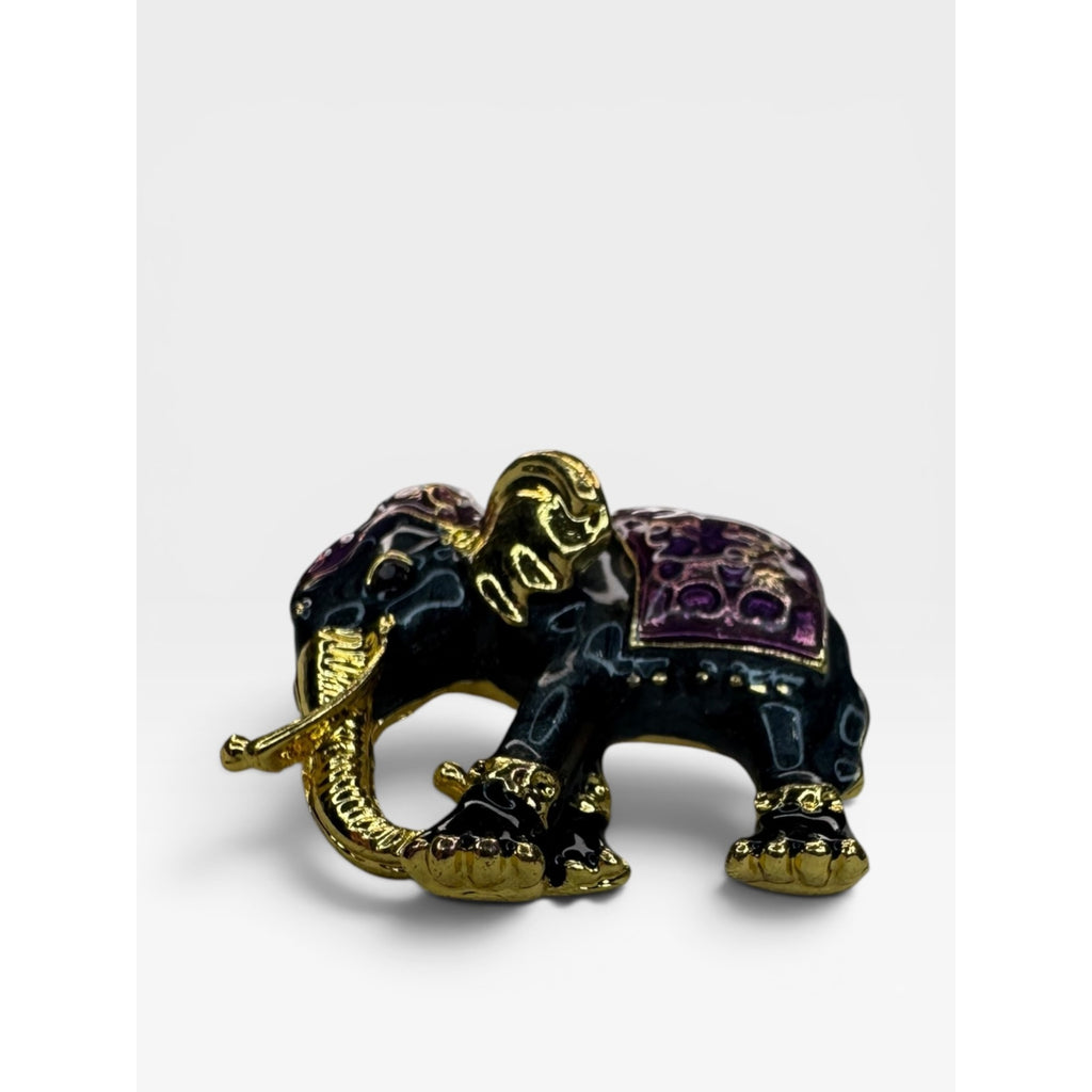 Purple Black Enamel Elephant Brooch Gold Tone Lucky Animal Pin