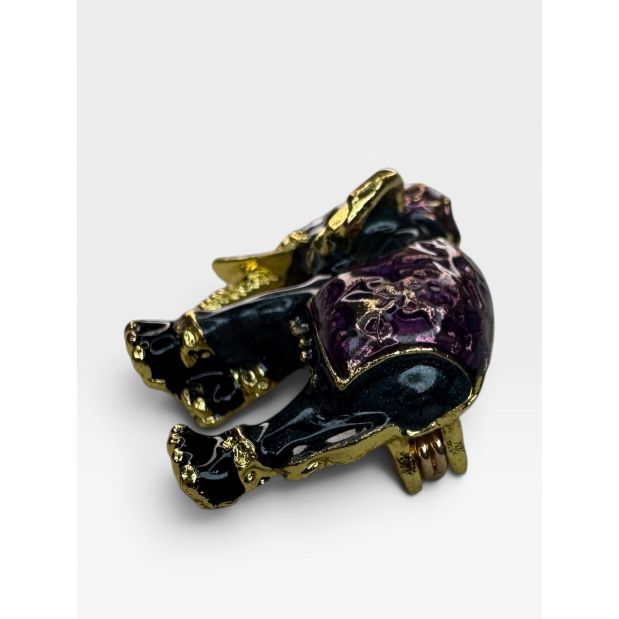 Purple Black Enamel Elephant Brooch Gold Tone Lucky Animal Pin