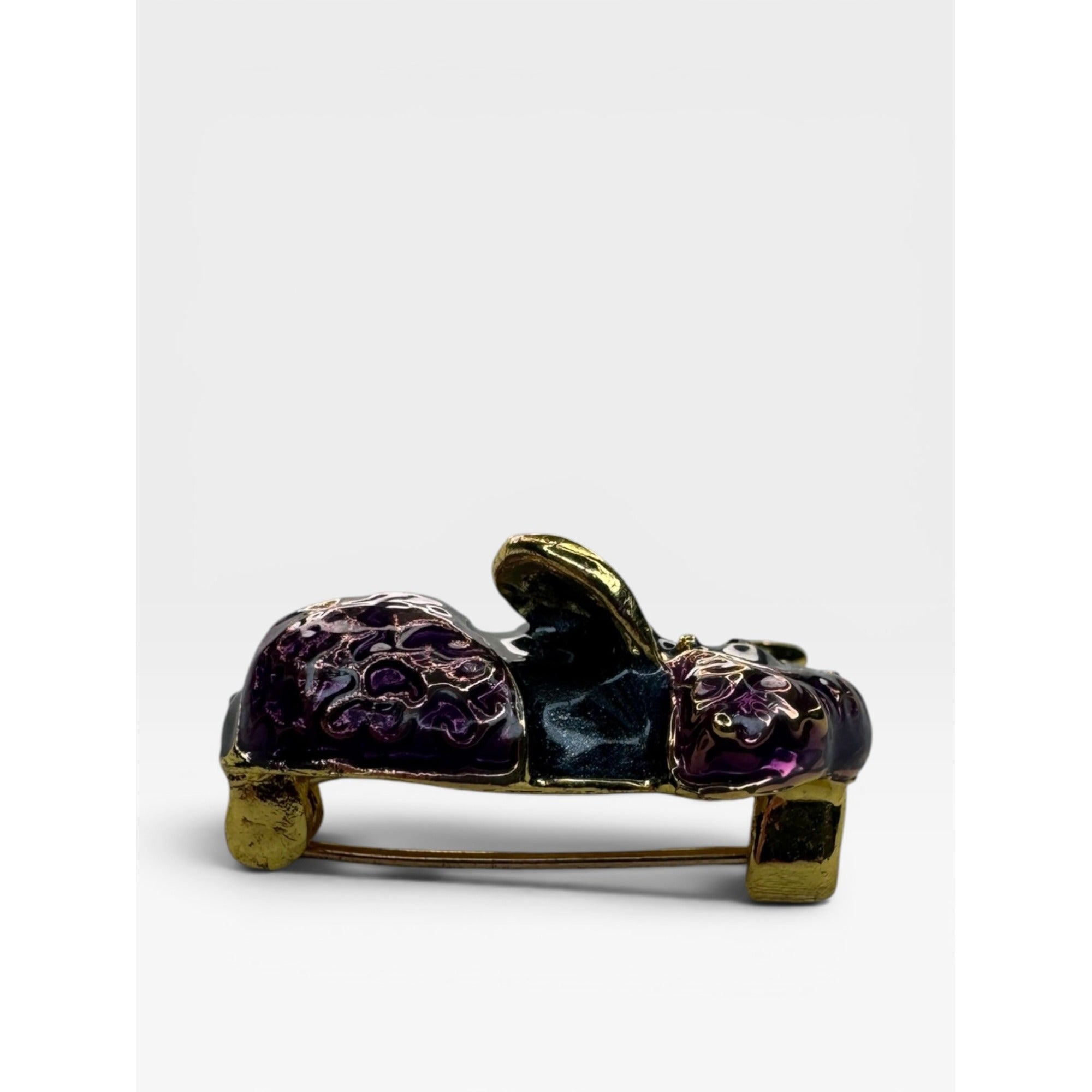 Purple Black Enamel Elephant Brooch Gold Tone Lucky Animal Pin