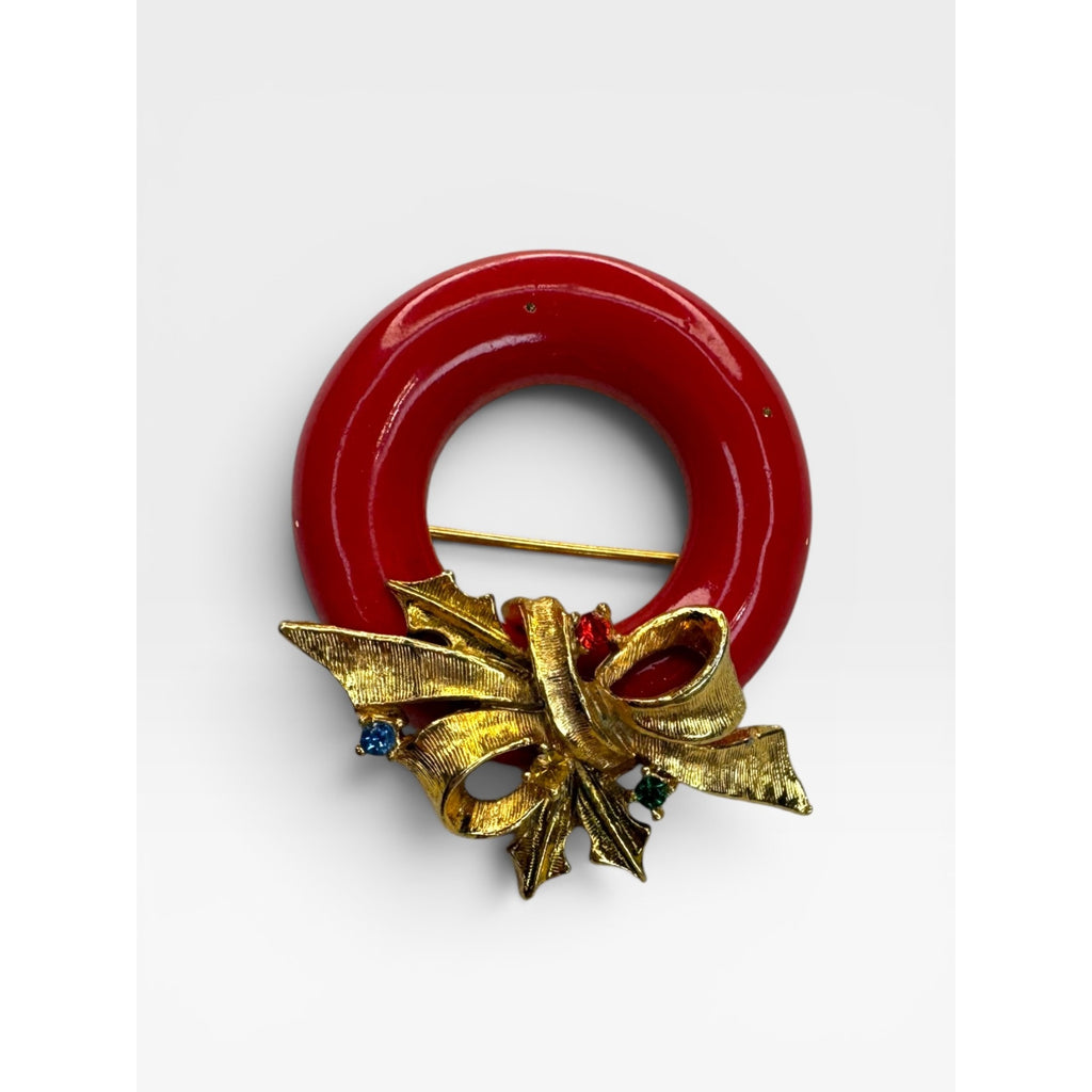 Mode Art Arthur Pepper Red Enamel Wreath Brooch Holiday Christmas