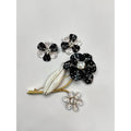 Avon Crystal Black White Enamel Flower Brooch Earrings Set 1970s Vintage