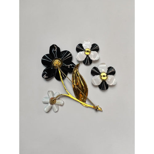 Avon Crystal Black White Enamel Flower Brooch Earrings Set 1970s Vintage