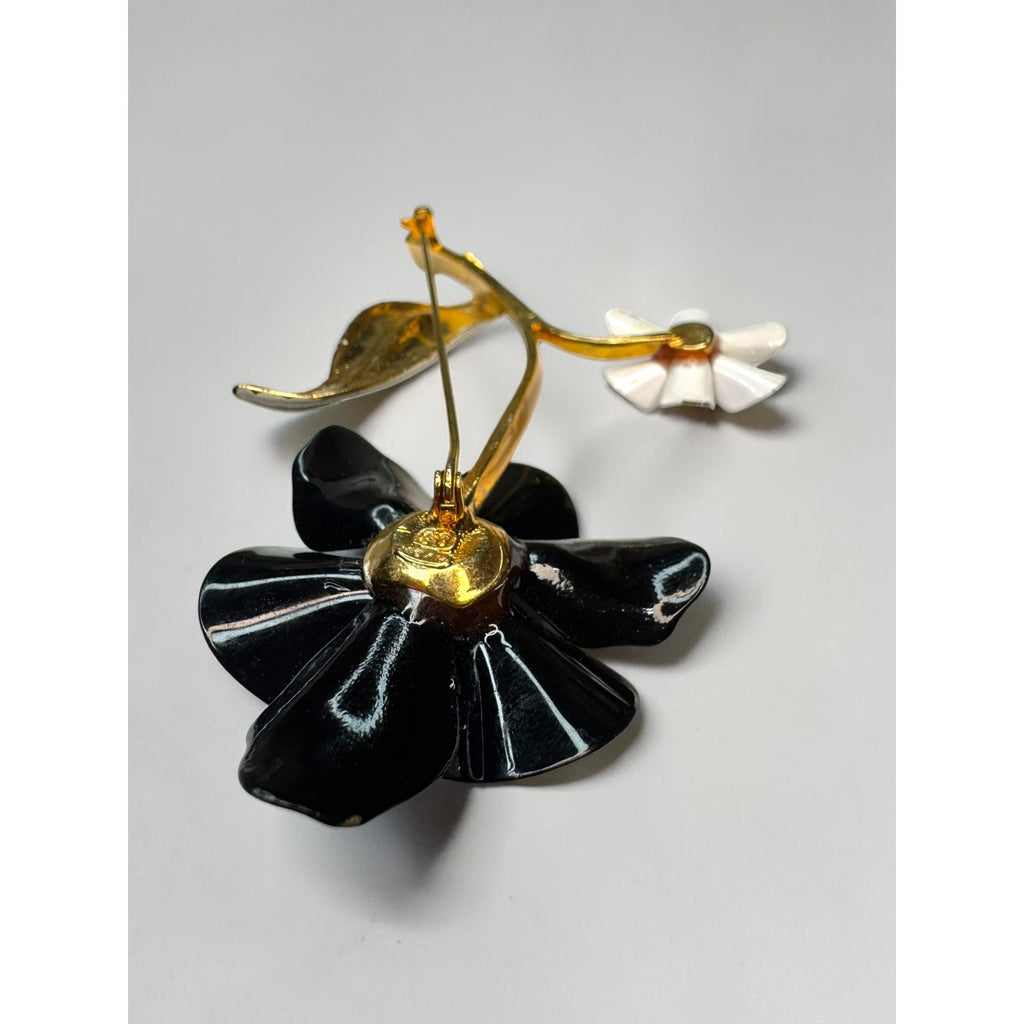 Avon Crystal Black White Enamel Flower Brooch Earrings Set 1970s Vintage