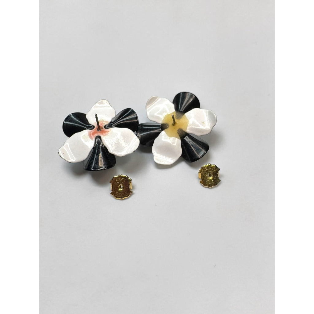 Avon Crystal Black White Enamel Flower Brooch Earrings Set 1970s Vintage