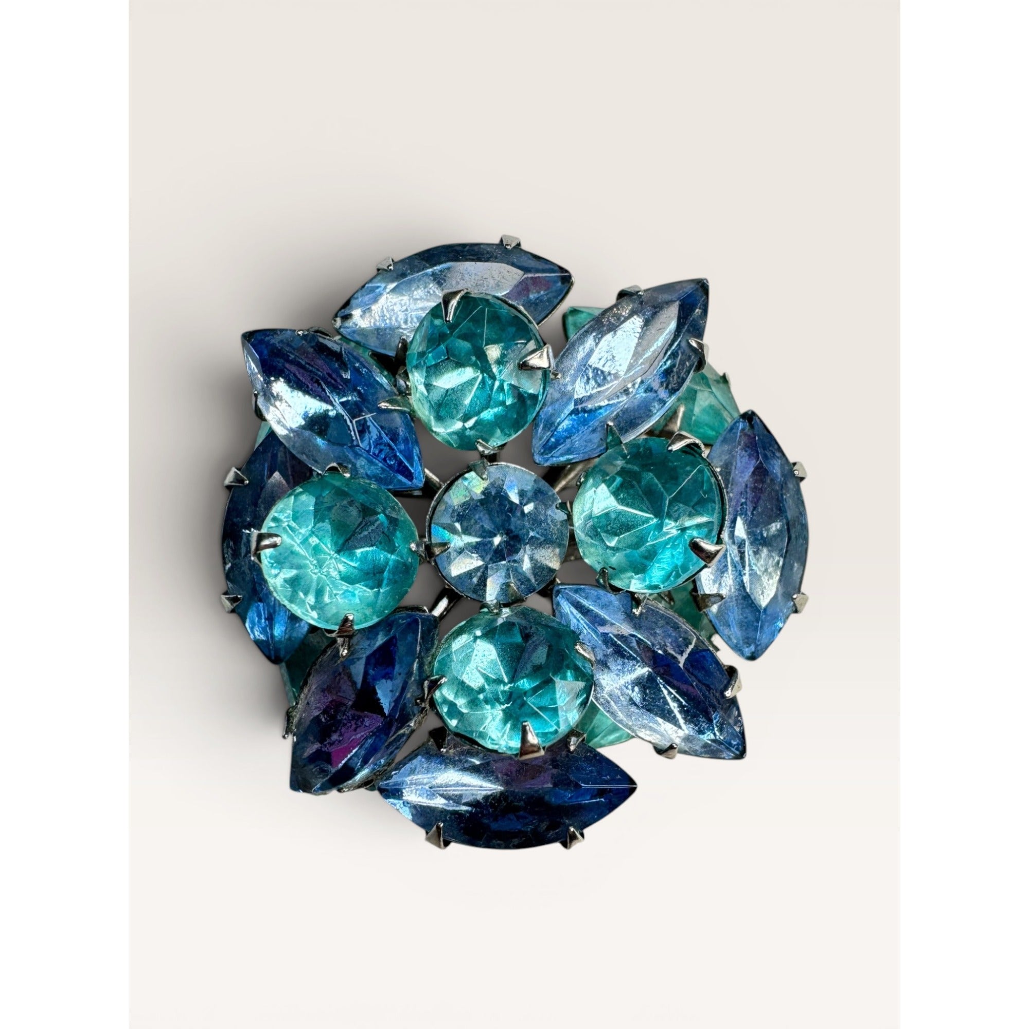 1950s Blue Glass Cluster Brooch Aqua UV Glow Uranium Glass Silver Tone Vintage