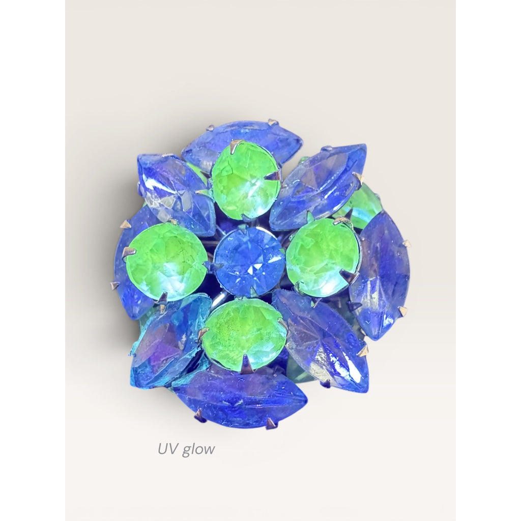 1950s Blue Glass Cluster Brooch Aqua UV Glow Uranium Glass Silver Tone Vintage