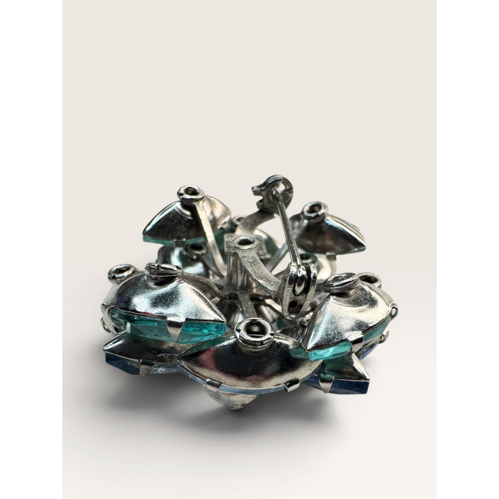 1950s Blue Glass Cluster Brooch Aqua UV Glow Uranium Glass Silver Tone Vintage