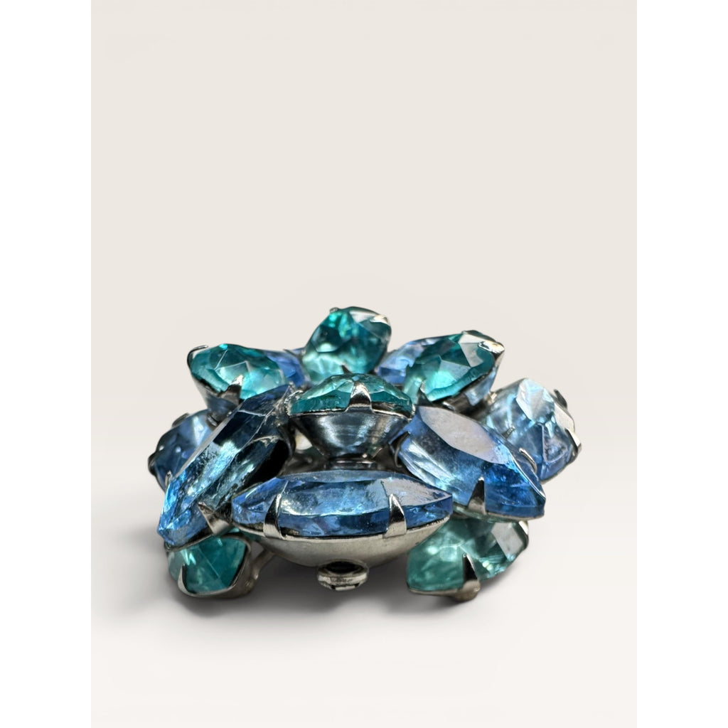 1950s Blue Glass Cluster Brooch Aqua UV Glow Uranium Glass Silver Tone Vintage