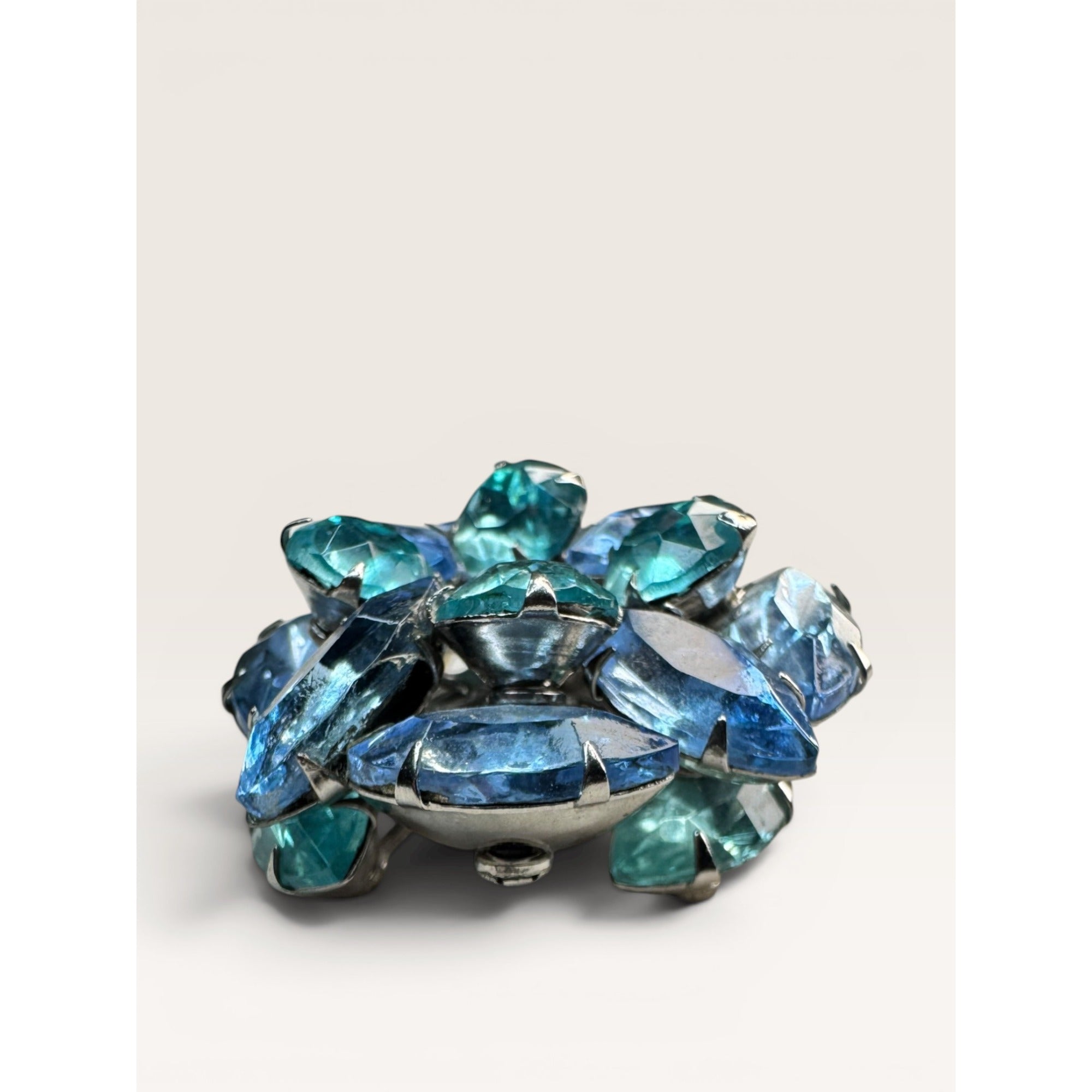 1950s Blue Glass Cluster Brooch Aqua UV Glow Uranium Glass Silver Tone Vintage