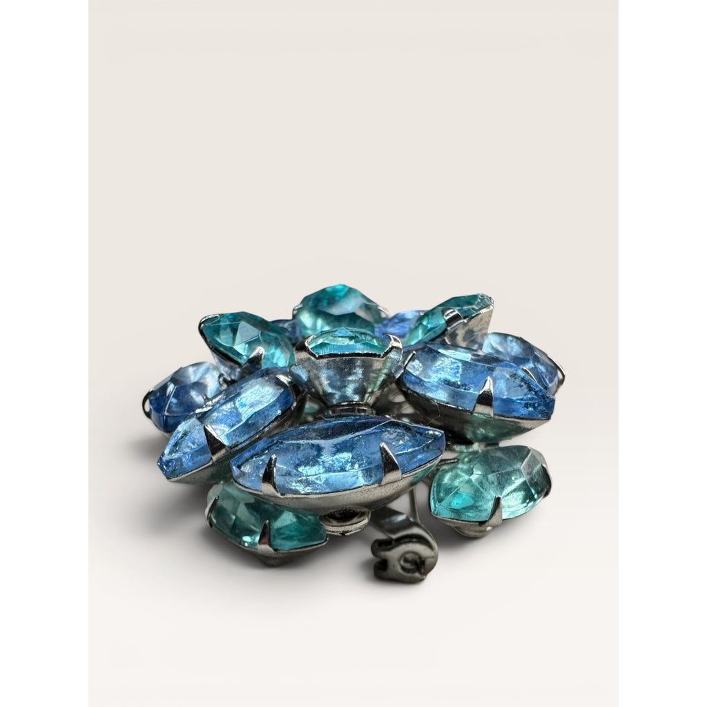 1950s Blue Glass Cluster Brooch Aqua UV Glow Uranium Glass Silver Tone Vintage